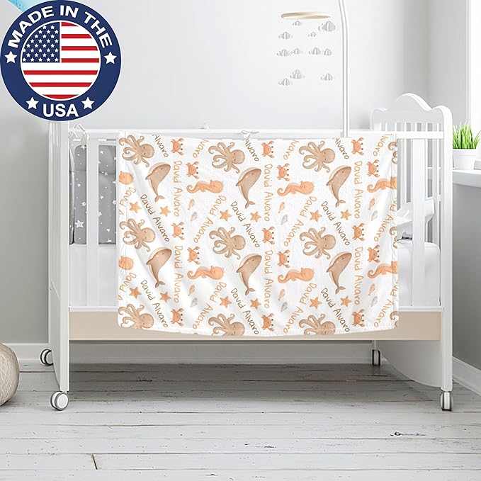 Ship Next Day Personalized Baby Blanket, Printed in USA - Custom Name Toddler Blanket with Ocean Pattern, Personalized
