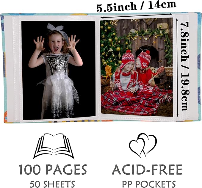 Kids Photo Album, 100 Pockets 5x7 Picture Album, Slip-in Linen Cover Photo Album Book for Boys, Girls, Family(Fish)