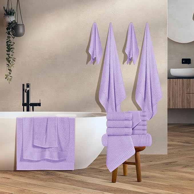 GLAMBURG Towels for Bathroom, 100% Cotton Towel Set, Contains 8 Soft Bath Towel, 8 Hand Towels, 8 Wash Cloths - Compact Absorbent Lightweight & Quickdry - 24 Piece Bathroom Towel Set - Purple