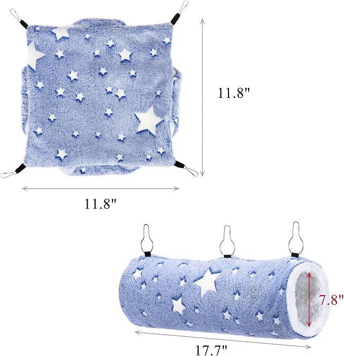 Noctilucent Luminous Guinea Pig Rat Hammock Bunkbed Hanging Tunnel Hideout | Hanging Soft Bed Mat for Ferret Hedgehog Squirrel Hideout Cage Accessories (Tunnel and Bunkbed Hammock)