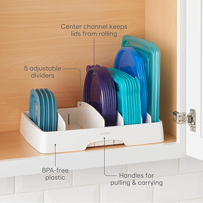 YouCopia StoraLid Food Container Lid Organizer for Kitchen Cabinet Storage with 5 Adjustable Dividers, 10.5''D × 13.4''W × 3.3''H, Large Classic Edition, White