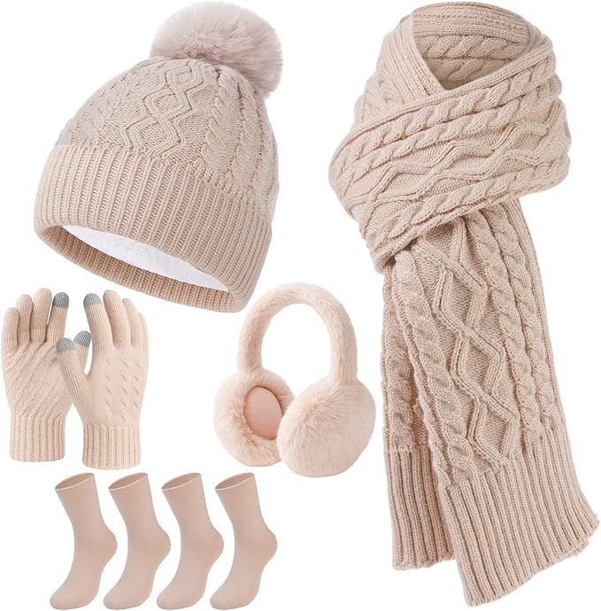 Geyoga 6 Pcs Winter Warm Set for Women Warm Beanies Hats Touchscreen Gloves Long Scarf Ear Muffs Socks Winter Gifts for Women