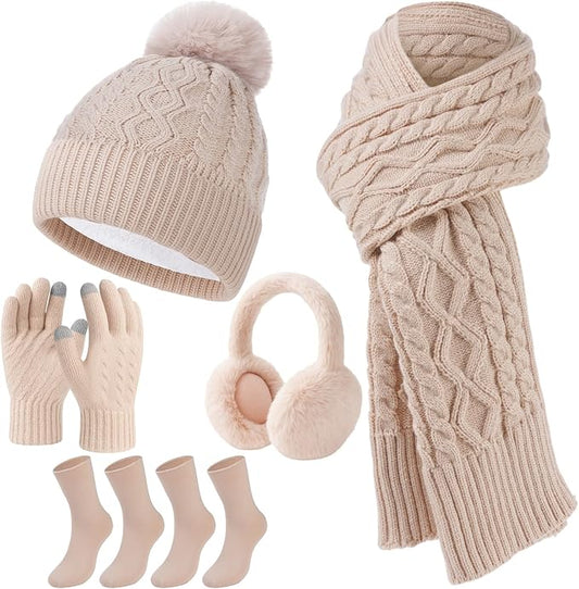 Geyoga 6 Pcs Winter Warm Set for Women Warm Beanies Hats Touchscreen Gloves Long Scarf Ear Muffs Socks Winter Gifts for Women