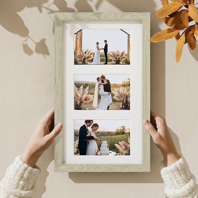 Vittanly 8x14 Picture Frames Collage Wall Decor, Displays 3Pcs 4x6 Pictures with Mat or 1Pcs 8x14 without Mat, Collage Picture Frame for Horizontal or Vertical Display, Driftwood, 1 Pack