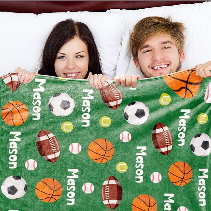 Personalized Ball Blanket with Name for Boys, Custom Name Blanket for Kids Ball, Soft Flannel Ball Toddler Blanket Customized Gift for Birthday Christmas Baby Shower Newborn Gift 60x80in