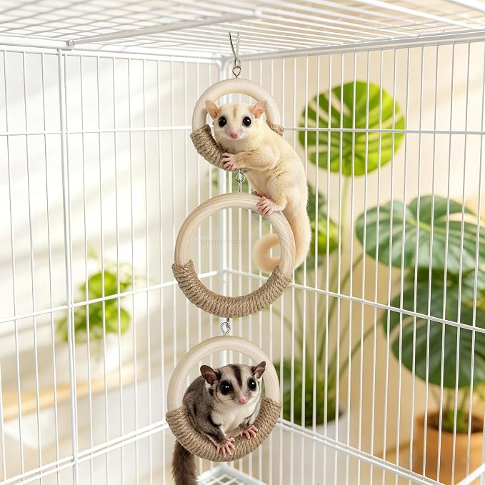 Mygeromon Sugar Glider Toys Climbing Ring Rat Cage Accessories | for Small Animal, Squirrel, Wood, Hanging, Enrichment Supplies