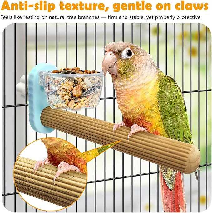 Kathson 3Pcs Bird Perch Feeding Cup Natural Wood Perches with Removable Bird Feeder for Cage Parrot Stand for Parakeets, Budgies, Cockatiels,Parrots, Birds Chewing Stick (Blue)