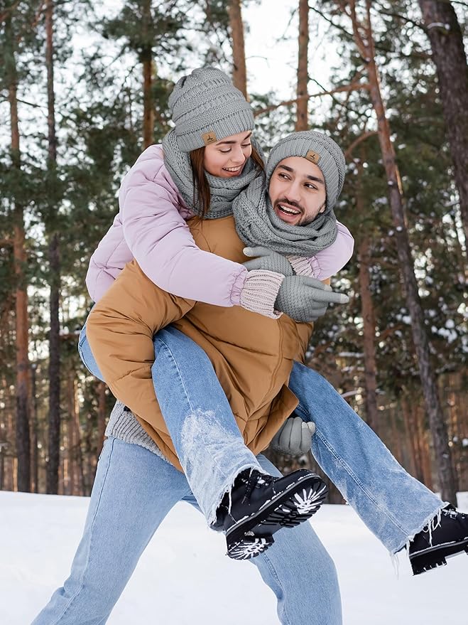 Winter Beanie Hat Scarf Gloves, Warm Fleece Knit Hats Touch Screen Gloves Neck Scarf Set Winter Gifts for Unisex Adult