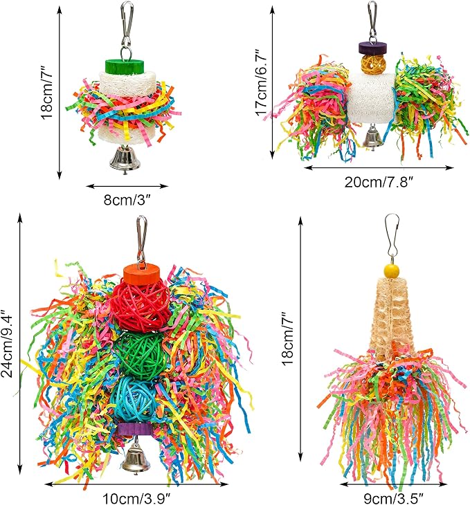 4PCS Bird Parrot Foraging Toys Parakeet Chewing Hanging Toy Shredded Paper Cage Accessories for Small Parrots Parakeets Conures Cockatiels Love Birds Cage Toy (4Pack)