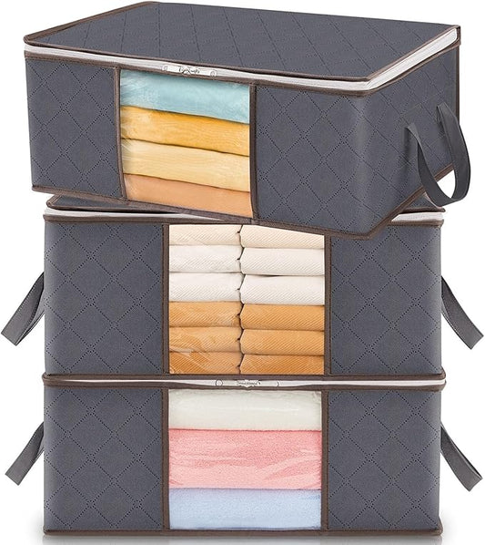Lifewit 3 Pack 35L Clothes Storage Bins with Lids, Foldable Blanket Storage Bags with Zippers, Clear Window and Reinforced Handles, Closet and Organization for Clothing, Sweater, Comforter, Bedding