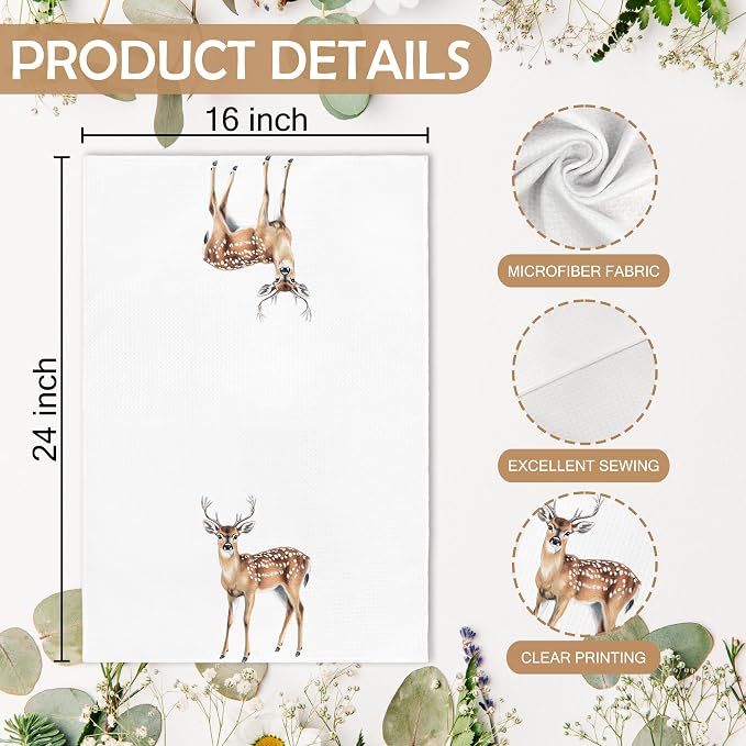 Funny Deer Kitchen Towels and Dishcloths Sets of 2, Deer Decor Gifts, Woodsy Rustic Cabin Lodge Forest Mountain Nursery Home Hunting Decor Dish Hand Tea Towels for Bathroom Kitchen, 16x24Inch