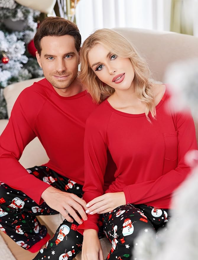 Ekouaer Family Matching Pajamas Christmas Sleepwear Long Sleeve Sleep Shirt with Plaid Pants Soft Loungewear Pjs Set S-XXL