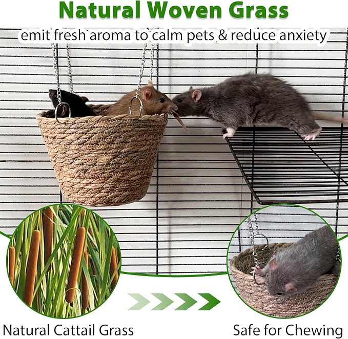 Natural Grass Rat Hammock for Cage, Tightly Woven Non-Collapse | Chew Proof Rodent Hammock for 1-2 Rats to Snuggle, Hanging Bowl-Shaped Rats Cage Bed with Sturdy Hooks for Full Protection