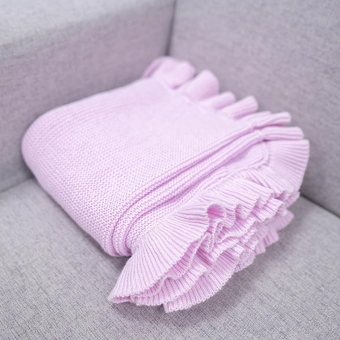 Ruffle Knit Blanket for Baby - 100% Luxury Soft Cotton Knit Warm Cozy Cuddle Stroller Crib Blanket for Newborns, Infants, & Toddlers (Lilac)