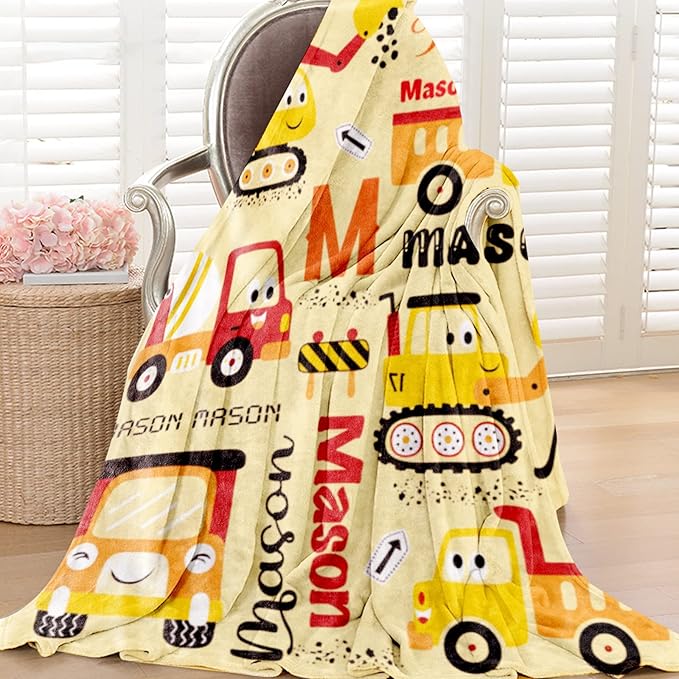 Personalized Construction Blanket with Name for Baby Boys Girls, Custom Truck Blanket Construction Vehicles, Soft Flannel Toddler Blankets Customized Gift for Newborn Baby Shower Birthday-60x80inch