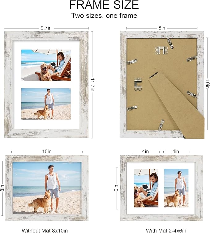 8x10 Picture Frame Set of 2, Distressed White Wood Frame with Glass Collage Frame, Display Pictures Two 4x6 With Mat or 8 x 10 Without Mat - Horizontal or Vertical Wall Mounting