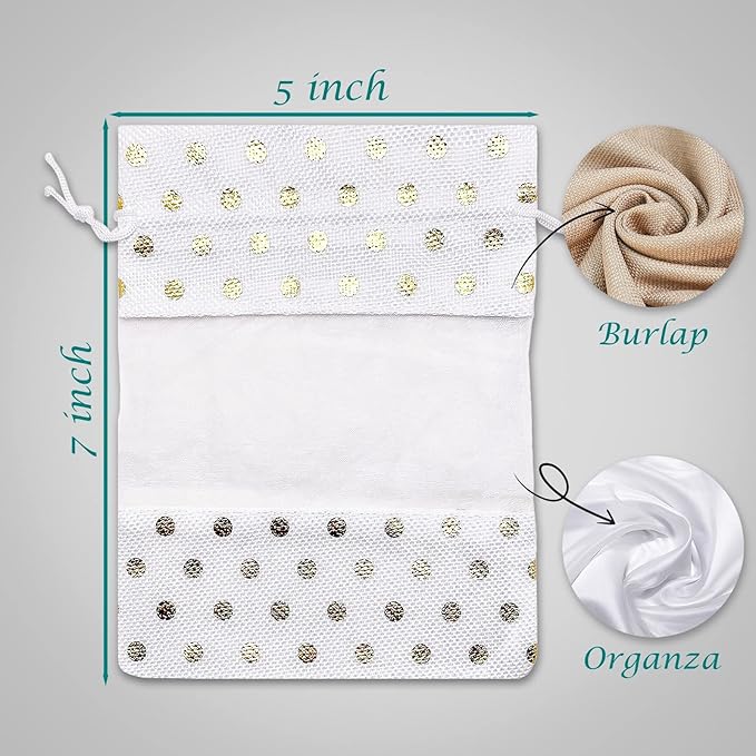 12-Pack Medium Linen Burlap & Organza Gift Bags w. Drawstrings (5x7 in, White/Gold Polka) - Party Favors, Presents, Samples & Treats Mesh Pouch by The Display Guys