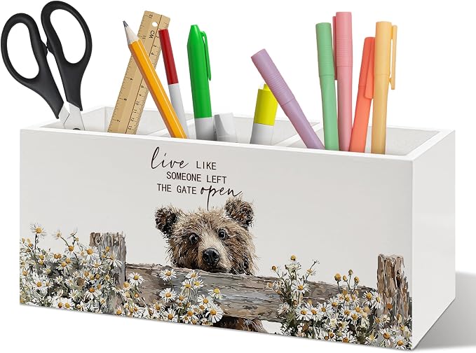 Rustic Bear Pen Holder Organizer, Farmhouse Bear Gifts for Women Kids Desk Decor, Live Like Someone Left the Gate Open Wooden Pen Pencil Holders for Vintage Desk Accessories