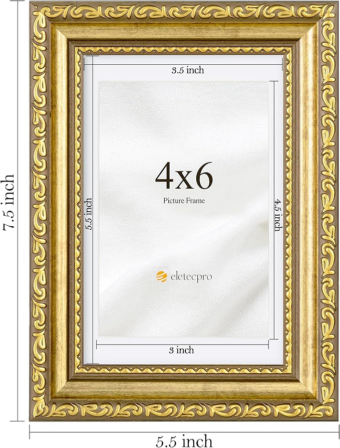 eletecpro 4x6 Picture Frames Set of 4, Vintage Gold Photo Frames with Glass, Displays 3.5x5 Photo with Mat or 4x6 without Mat for Tabletop or Wall Decor, Gold