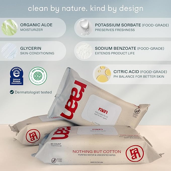 Raan, 100% Cotton Baby & Toddler Wipes, Unbleached, 99% Purified Water, Unscented, EWG verified, Made for Sensitive Skin, Extra Soft and Durable, 8 pack, 480 Count