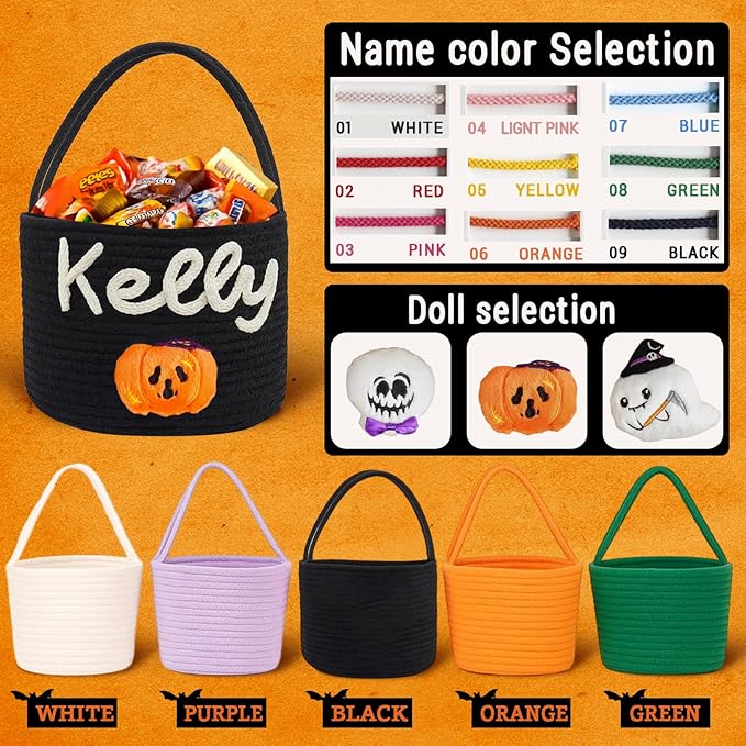 Personalized Halloween Baskets Gift for Kids, Custom Woven Candy Bucket with Name, Halloween Trick or Treat Basket