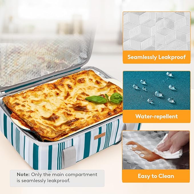 LUNCIA Insulated Single Decker Casserole Carrier, Lasagna Lugger Tote Keeps Food Hot or Cold, Thermal Lunch Bag for Potluck Parties, Picnic and Cookouts, Fits 9" x 13" Baking Dish, Green