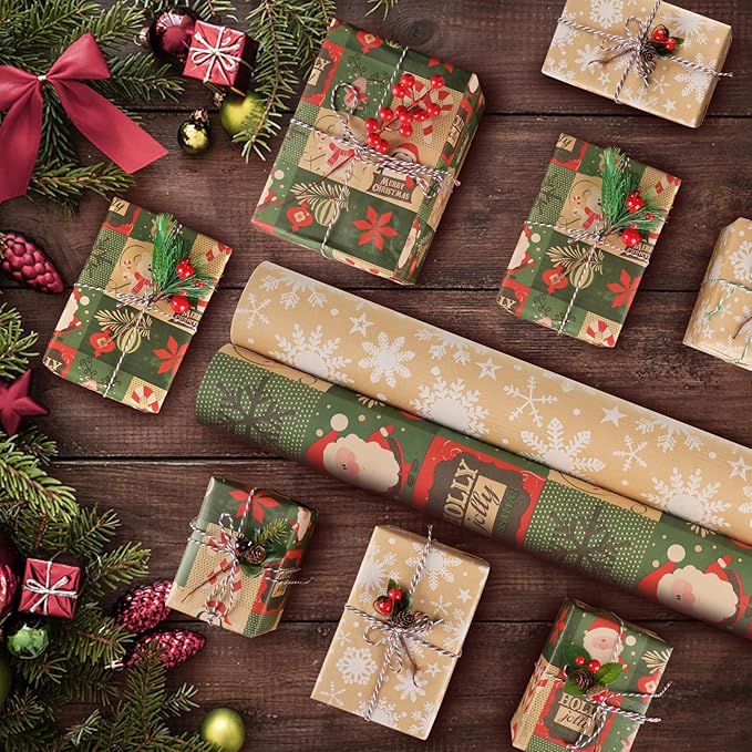 AhfuLife 2 Rolls Christmas Wrapping Paper - 17 Inch × 49.2 Feet Per Roll, Recyclable Snowflake Kraft Xmas Wrapping Paper Roll for Christmas Gift Box Birthday Party Decoration -138 sq. ft. ttl