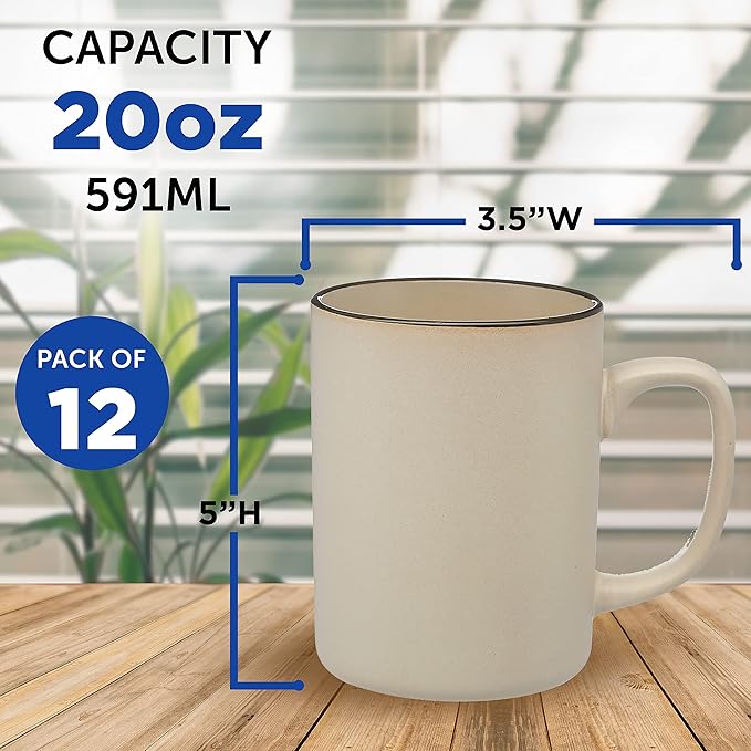 DISCOUNT PROMOS El Grande Matte Ceramic Mugs 20 oz. Set of 12, Bulk Pack - Perfect for Tea, Espresso, Cappuccino, Hot Cocoa - Beige