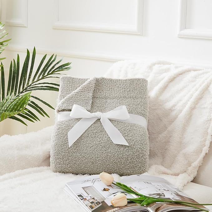 CYMULA Knit Throw Blanket for Couch Light Grey - Super Soft Lightweight Plush Fuzzy Fluffy Warm Cozy Blankets and Throws for Sofa Bed, 50 x 60 inches