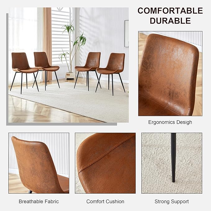 Modern Round Dining Table & Chairs Set for 4, 42" Wood Table with Upholstered PU Leather Chairs for Small Spaces