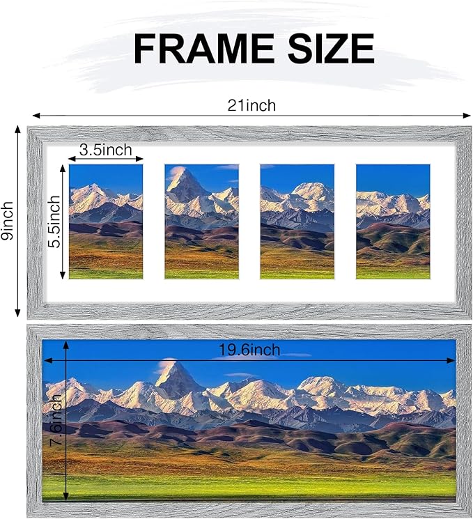Vittanly 8x20 Collage Picture Frame, Displays 4Pcs 4x6 Pictures with Mat or 1Pcs 8x20 without Mat, Picture Frames Collage Wall Decor for Horizontal or Vertical Display, Grey, 1 Pack