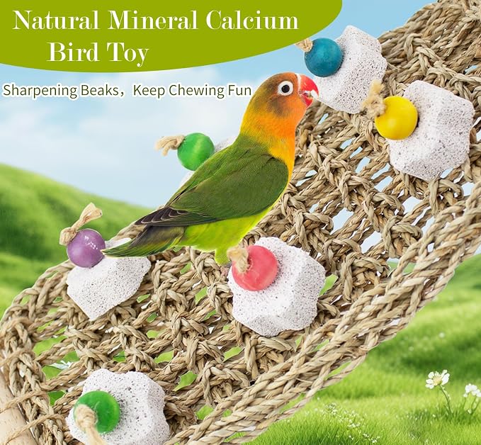 FlidRunest Conure Seagrass Mat with Grinding Calcium Stone Chewing Toy | Parrot Beak Grinding Stone and Seagrass Ladder Bridge Stands, Hand-Woven Net Climbing Net for Budgie Parakeet