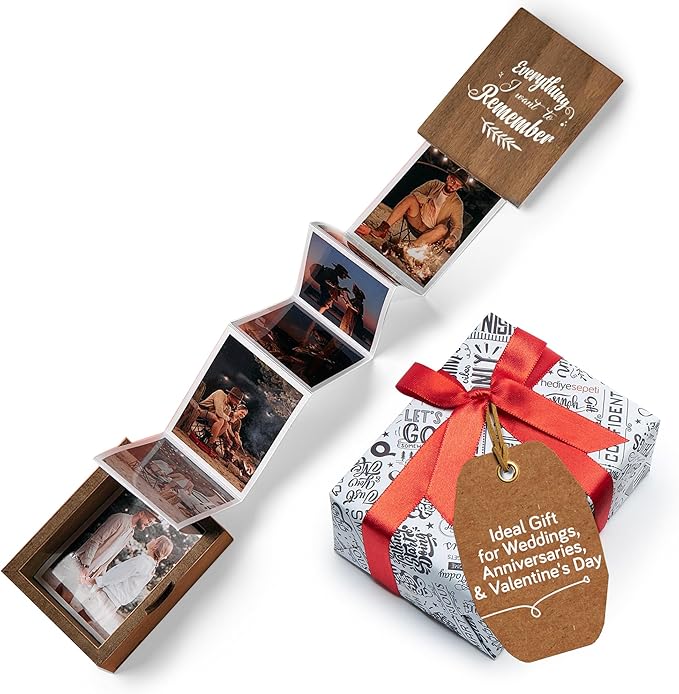udelf Personalized Wooden Photo Keepsake with Accordion Pull-Out | Custom Birthday, Wedding, or Anniversary Memory Holder | Holds 14 Photos 3"x2" (Memories-Vertical)