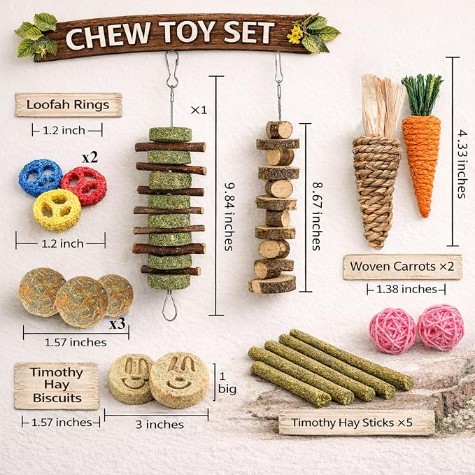 Grddaef 20 PCS Bunny Chew Toys for Teeth, Natural Rabbit Toys Apple Wood Grass Timothy Sticks Chew and Treat for Guinea Pigs Hamster Chinchillas