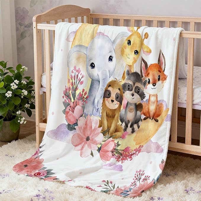 Personalized Baby Blanket with Name, Customized Soft Animals Flannel Blankets for Newborn Boys Girls and Toddlers, for New Mom, Infant Birthday Gift, Moon Zoo