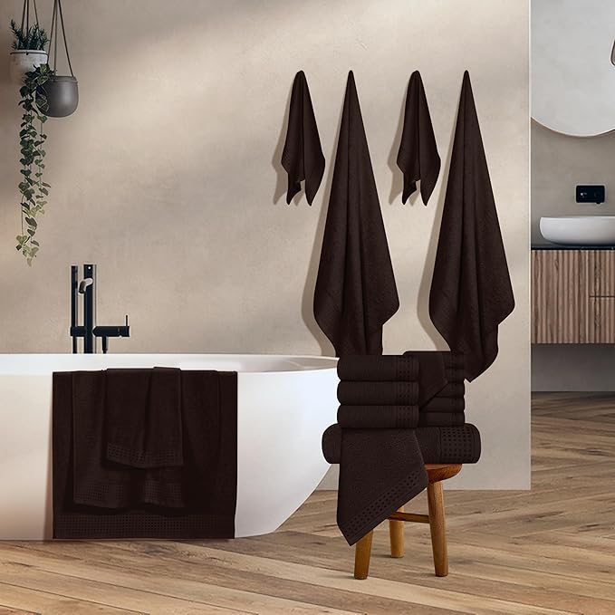 GLAMBURG Towels for Bathroom, 100% Cotton Towel Set, Contains 8 Soft Bath Towel, 8 Hand Towels, 8 Wash Cloths - Compact Absorbent Lightweight & Quickdry - 24 Piece Bathroom Towel Set - Chocolate Brown