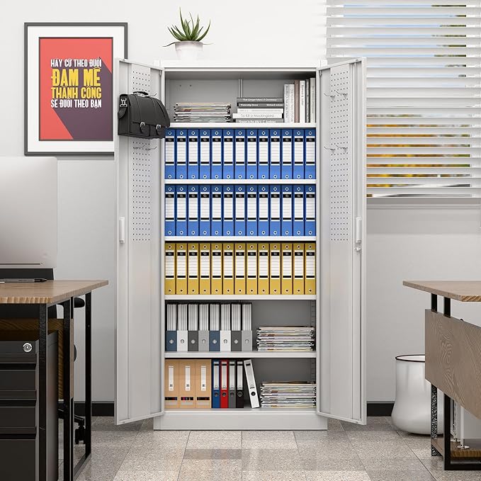 Metal Storage Cabinet with 5 Adjustable Shelves and Pegboard, 71" H White Garage Storage Cabinet with Doors, Metal File Cabinet for Garage,Home, Office, White, Assembly Required