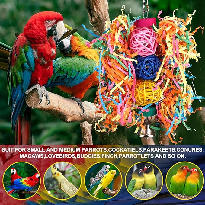 Bird Toys Rope Perch with Bell Colorful Bird Chewing Shredding Foraging Toys Parrot Swing Climbing Standing Hanging Toys Cage Accessories for Conure Cockatiel Budgies Lovebird