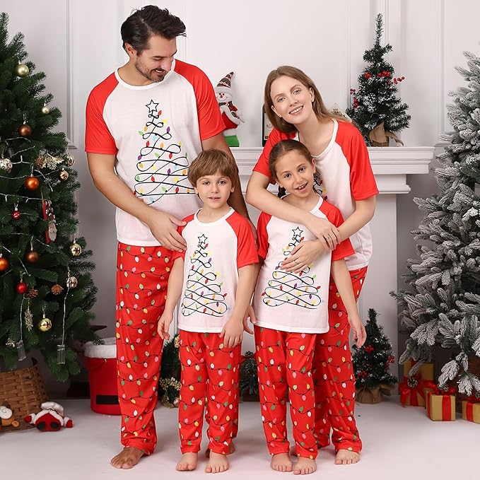 Christmas Pajamas for Family Matching Holiday PJ's Jammies Sets with Short Sleeve Tee and Pants Sleepwear Loungewear