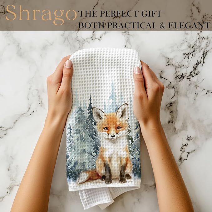 Winter Christmas Fox Kitchen Towels, Fox Gifts, Animal Lover Gifts Dish Tea Towels for Kitchen, Winter Pine Tree Forest Decorative Hand Towel for Kids Bathroom Decor, 16x24 Inch