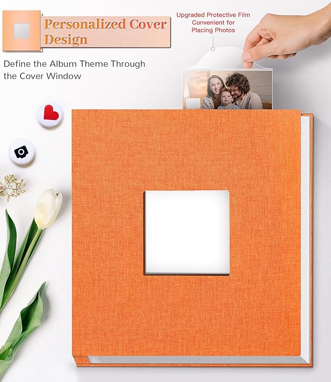 Photo Album Self Adhesive Scrapbook Album for 3x5 4x6 5x7 8x10 Pictures,120 Pages Linen Cover with Display Window DIY Photo Book,Ideal Gifts for Family Travel Wedding Baby