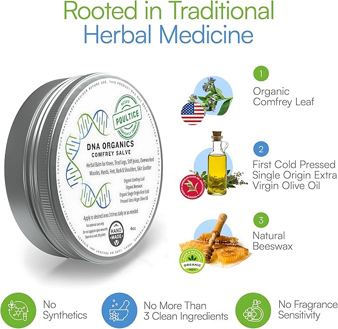 DNA Organics Comfrey Salve Bundle. Herbal Balm for Bones, Muscles, Joints, Knees, Skin, Swelling & Tattoo Care. Handcrafted, Slow-Infused. No Chemical Fillers (2 × 4oz + 1 × 2oz)