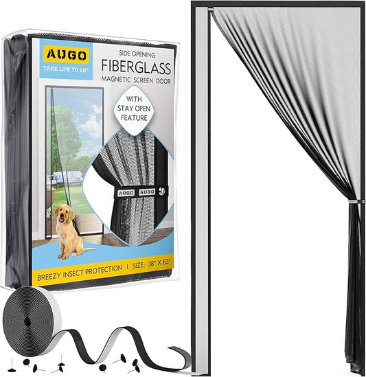 AUGO Fiberglass Magnetic Screen Door Reversible Left Right Side Opening - Self Sealing, Heavy Duty, Hands Free, Keeps Bugs Out - Pet and Kid Friendly - Patent Pending Keep Open Feature – 38” x 83”