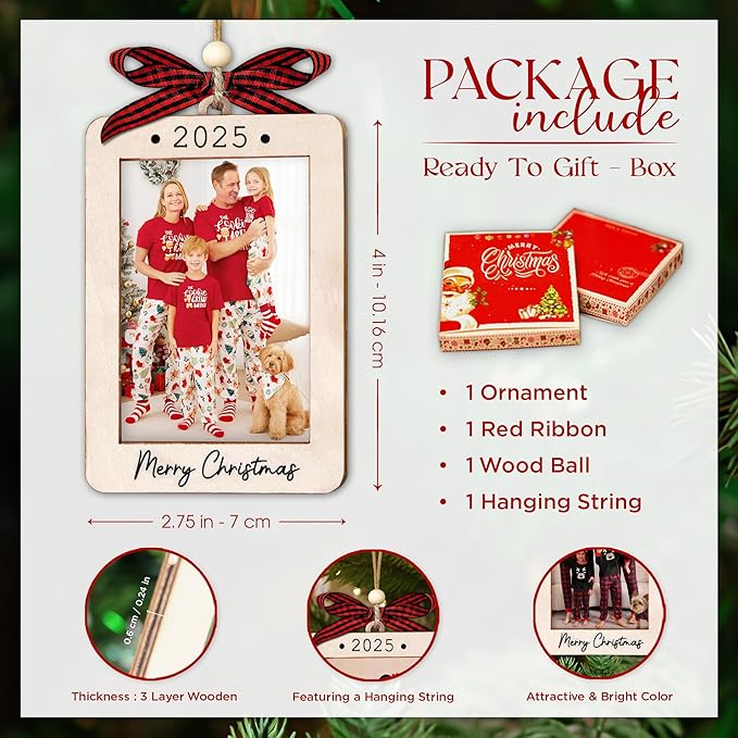 2025 Christmas Ornament Picture Frame - Wooden Portrait Photo Frame Ornaments - Picture Frame Ornament For Tree - Merry Christmas Ornaments With Picture Insert - Christmas Gift For Family, Friends