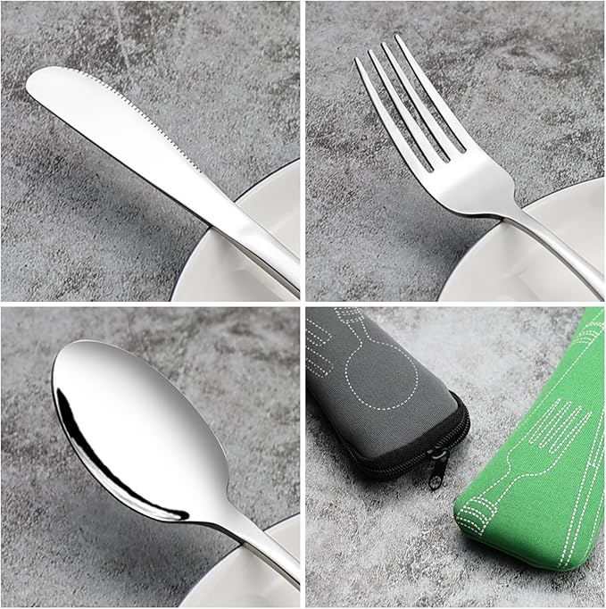 3-Piece Stainless Steel Picnic Cutlery, Portable Silverware Set for Work, Travel Utensil Set w/Case, 4-Pack