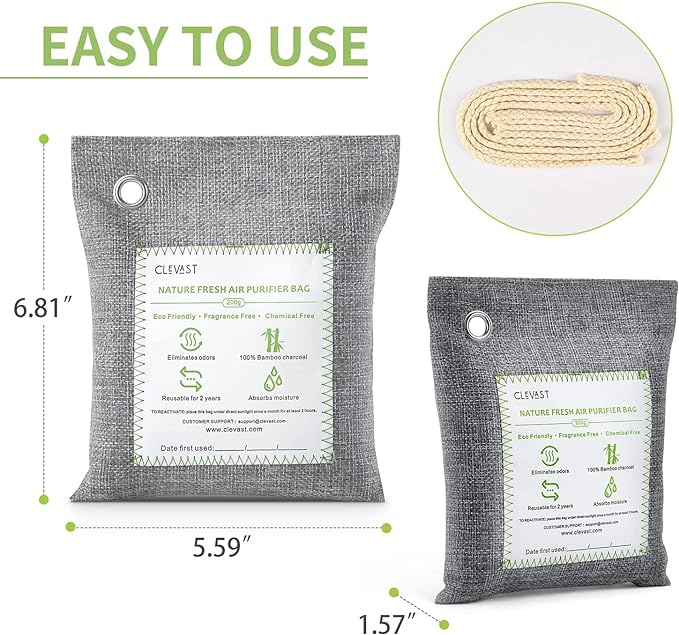 CLEVAST Bamboo Charcoal Air Purifying Bags (Large, 4×200g), Removes Odors and Moisture, Nature Fresh Air Purifier Bags, Odor Eliminator for Home, Car, Pets, Bathroom, Basement