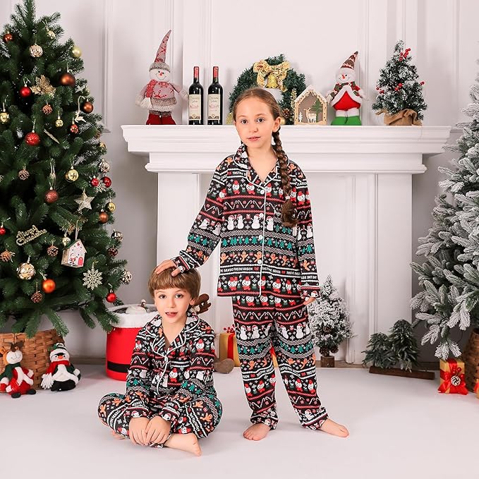 ANGELGGH Family Christmas PJs Matching Sets 2 Pcs Festival Party Pajamas Holiday Warm Sleepwear Couples Button Loungewear