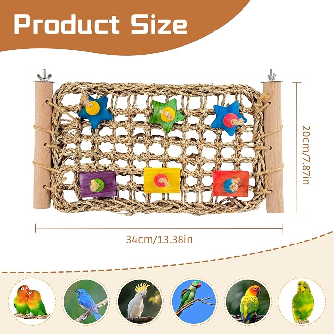 FlidRunest Conure Ladder Perch with Colorful Wood Chew Block | Natural Parrot Seagrass Foraging Mat, Bridge Stands Climbing Hammock Chewing Activity Toy for Parakeets, Lovebird