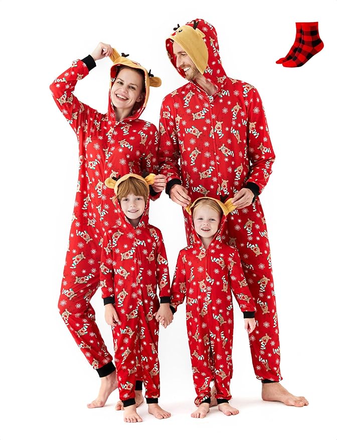 PATPAT Matching Family Christmas Onesie Pajamas – Holiday Hooded Jumpsuit Sleepwear PJs Couples Xmas Loungewear with Socks