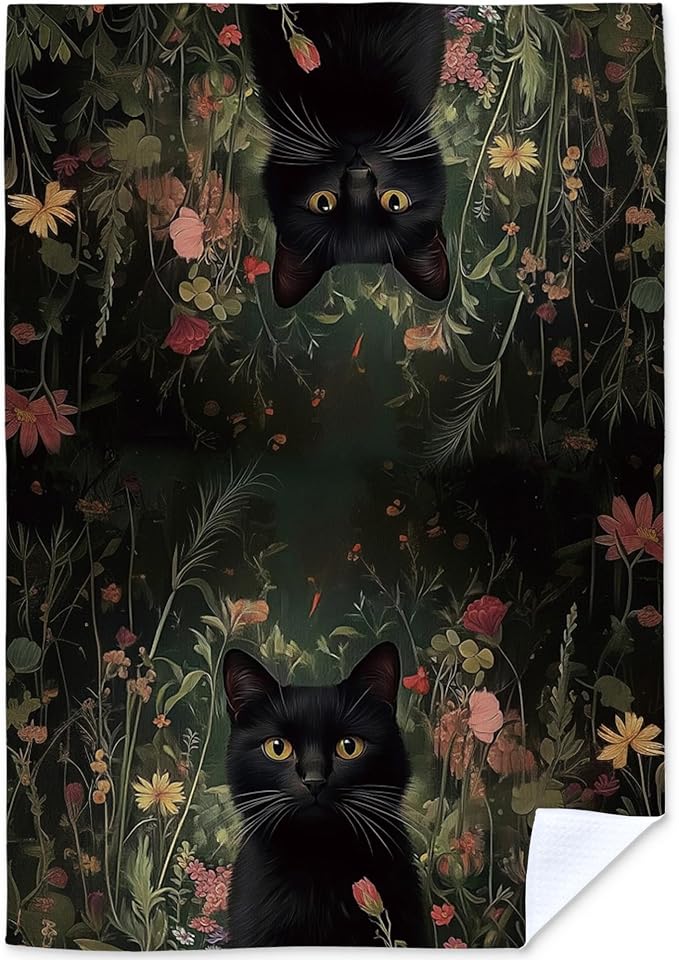 Vintage Floral Black Cat Kitchen Towels, Cat Lover Gifts Dish Tea Towels for Kitchen Decor, Dark Academia Botanical Kitty Decorative Hand Towel for Bathroom, 16x24 Inch